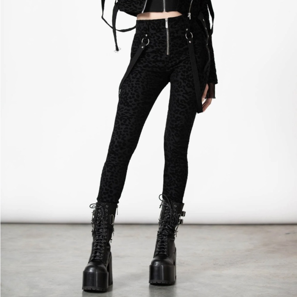 NWOT Killstar Hellcat Black Leopard Print High Waisted Pants w/Buckles & Straps - Picture 2 of 14